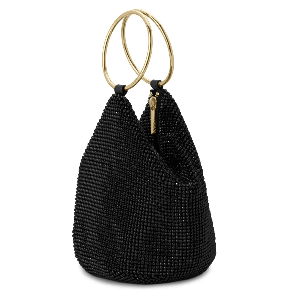 Ellie Crystal Mesh Ring Handle Bag Black
