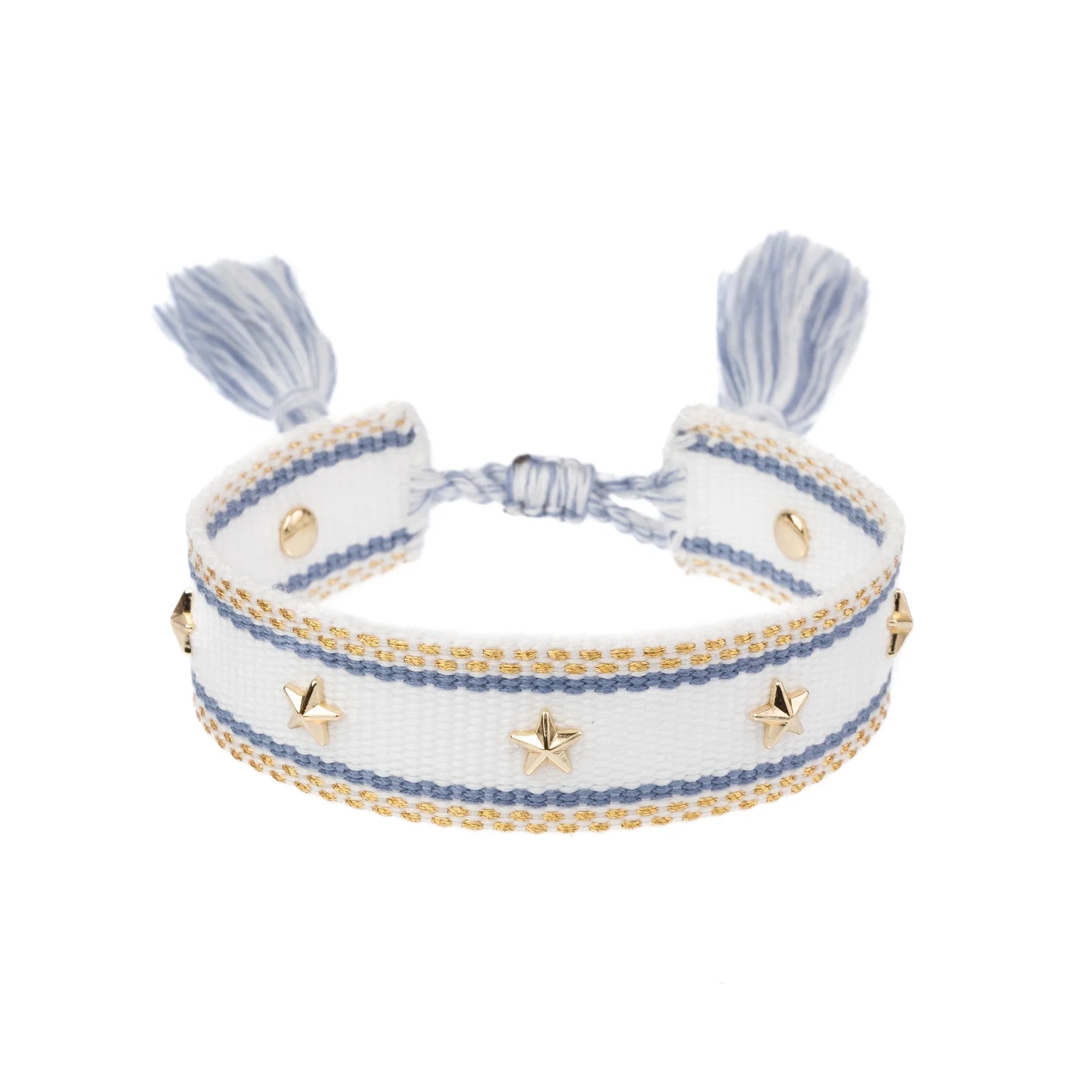 Woven Bracelet w/Star Studs White w/ Light Blue & Gold