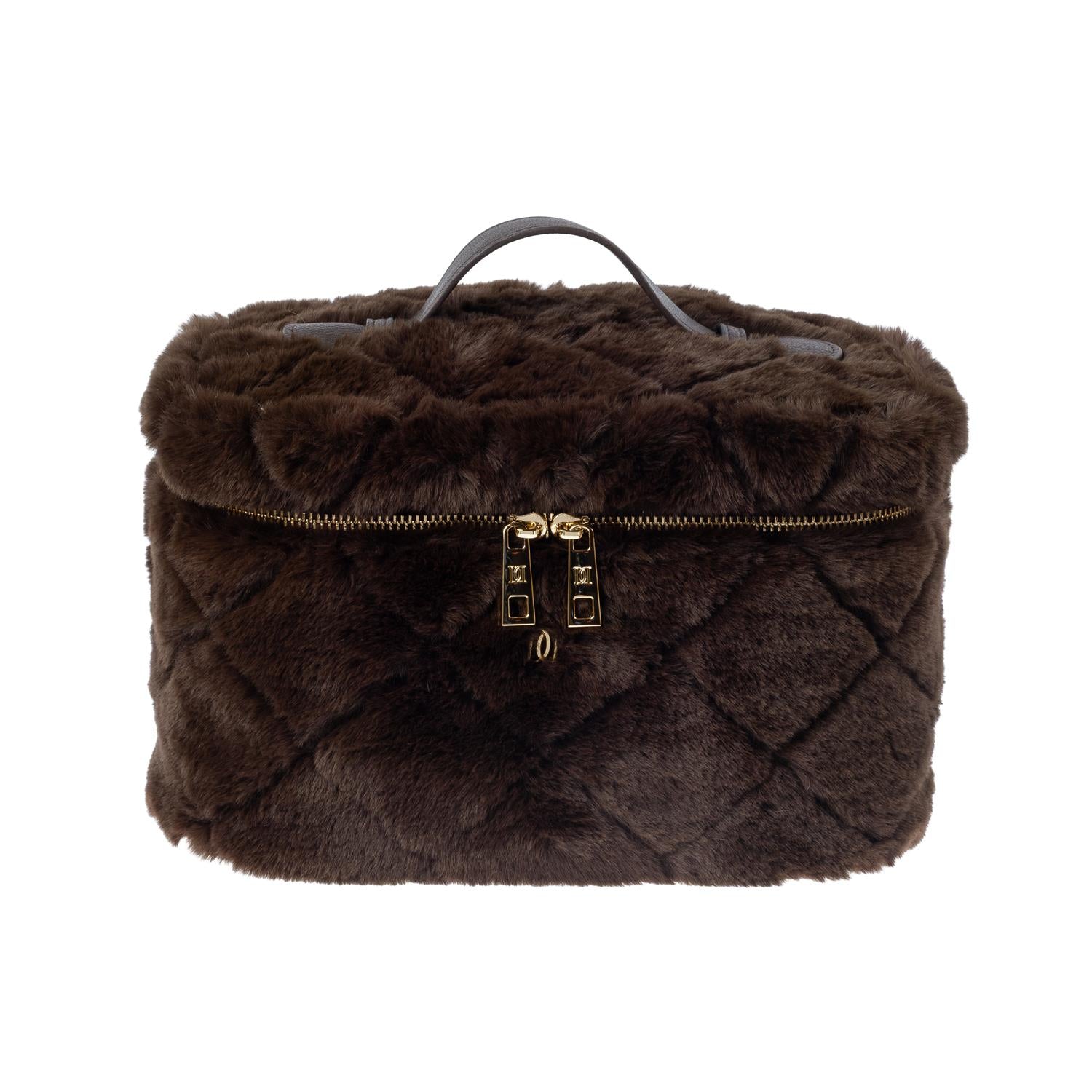 Faux Fur Quilted Vanity Bag Large Chocolate Brown