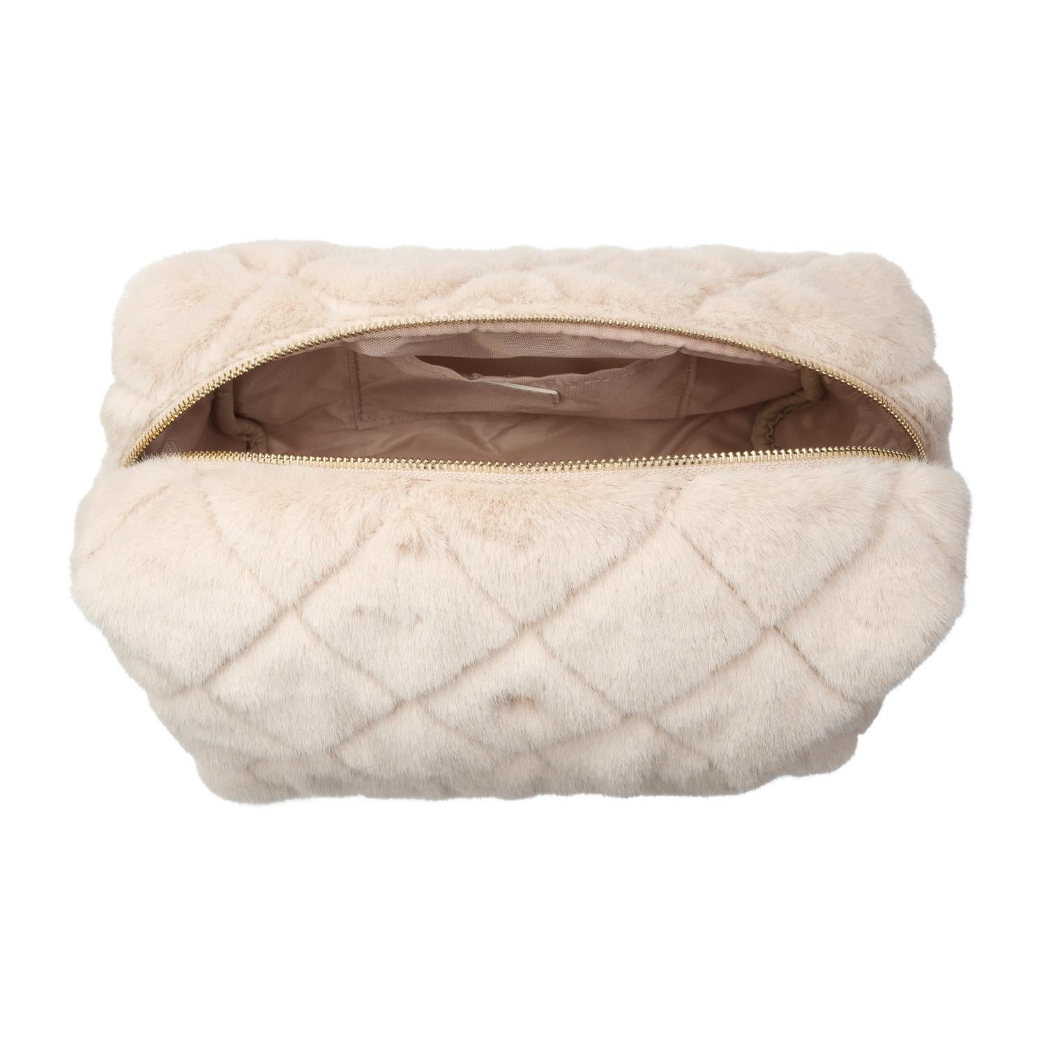 Faux Fur Quilted Make-Up Pouch Large Sand