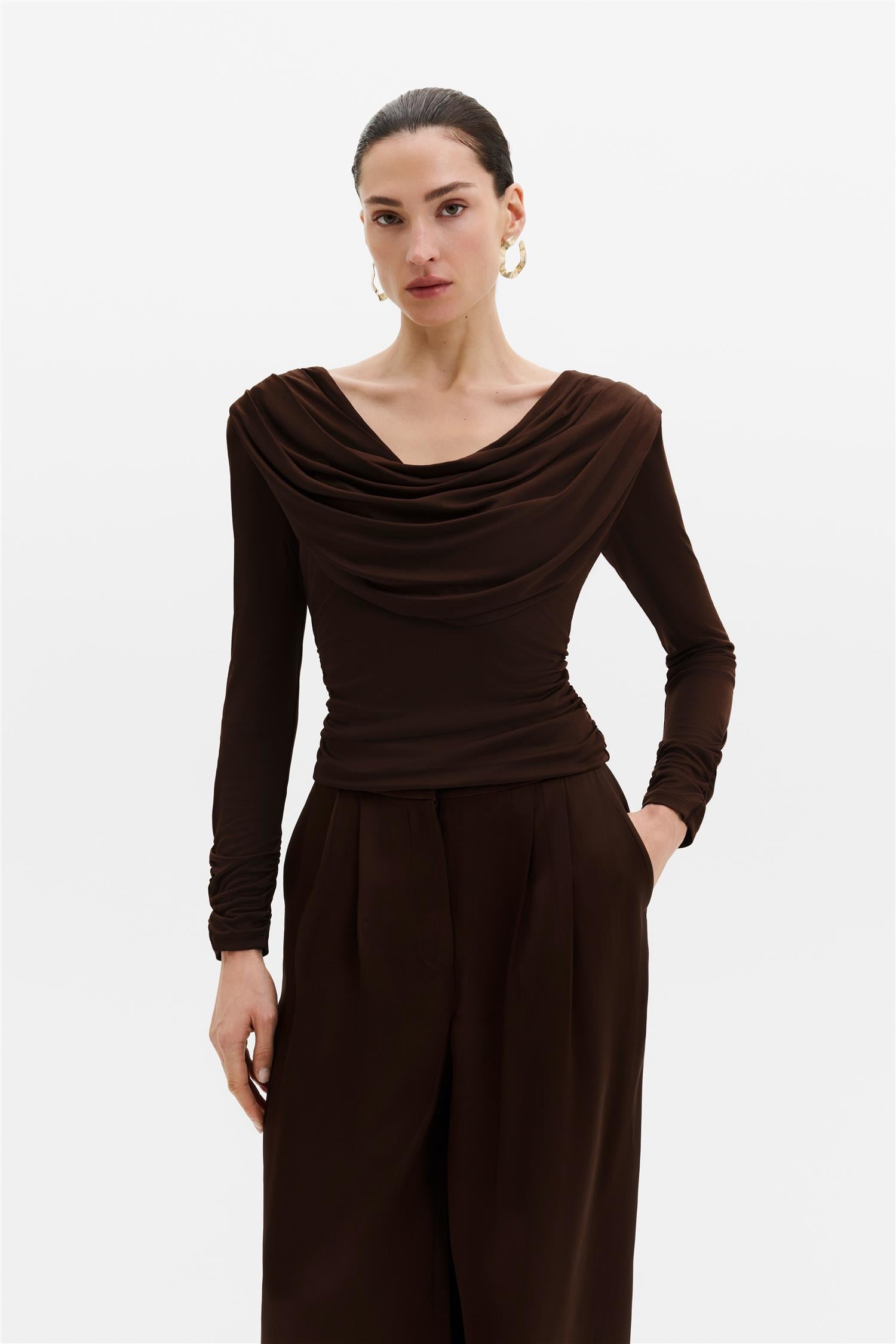 Signe Cowl Jersey Top Dark Brown
