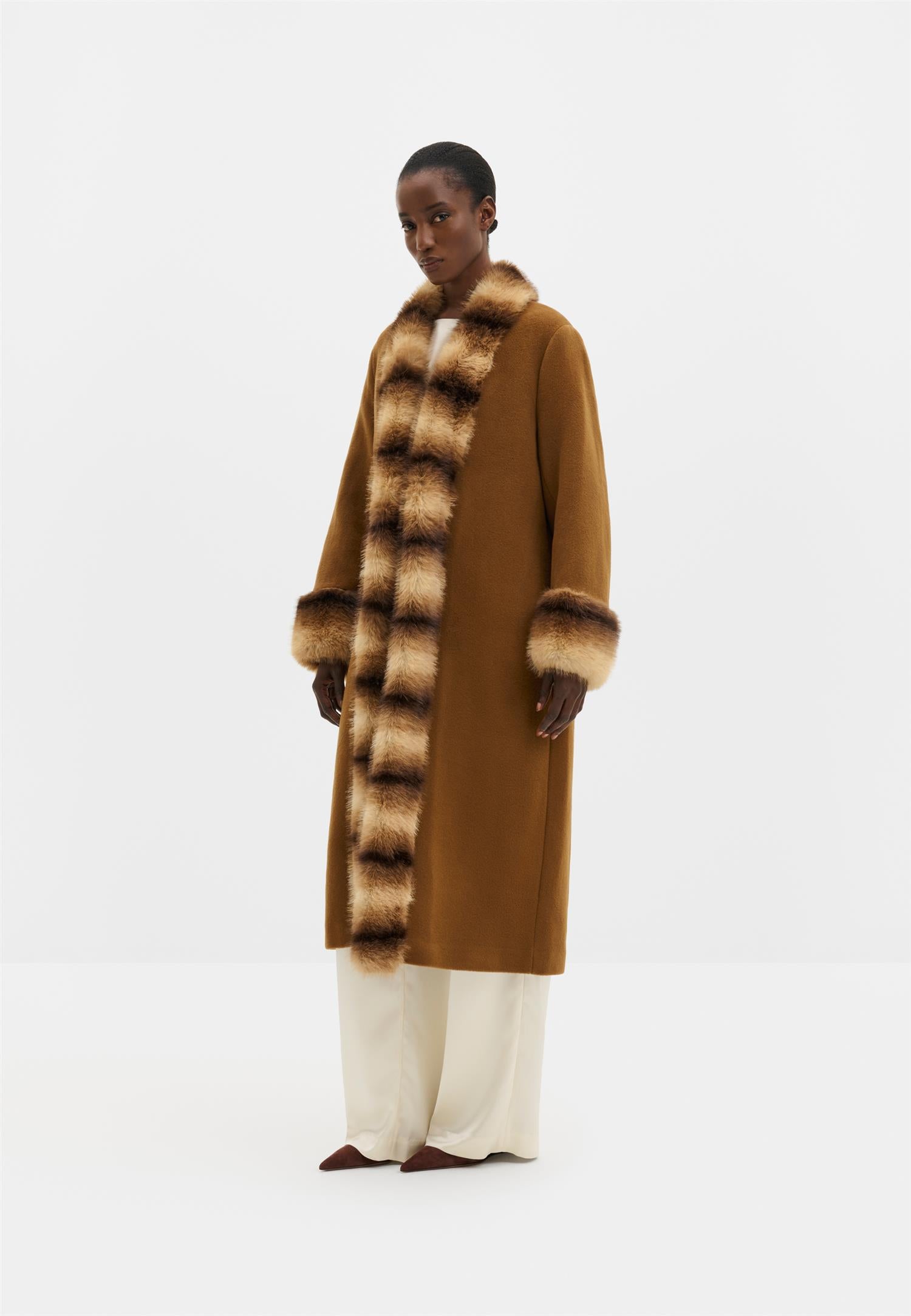Anouk Yve Faux Fur Wool Coat Camel