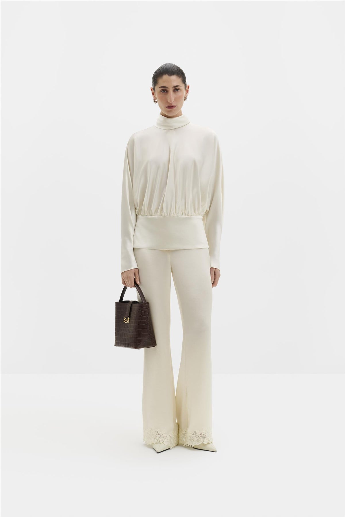 Vilja High-Neck Satin Blouse Pearl