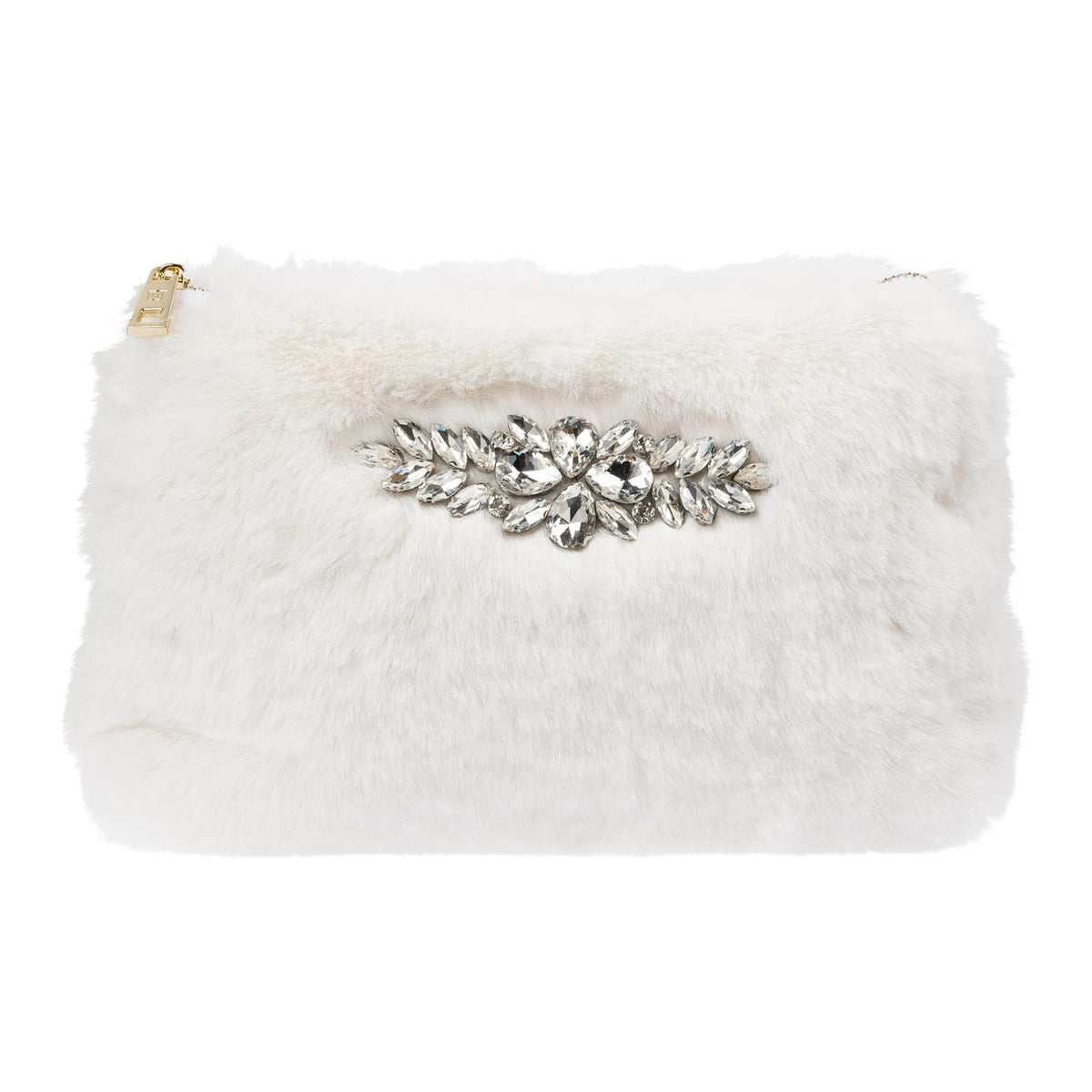 Faux Fur Standing Pouch w/ Crystals Off White
