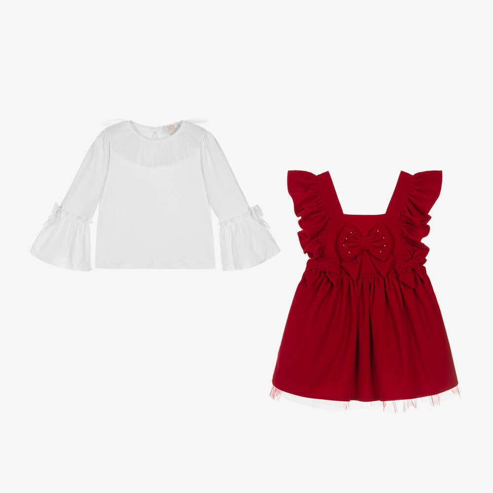 Velvet Pinny Dress Set with Headband  Red