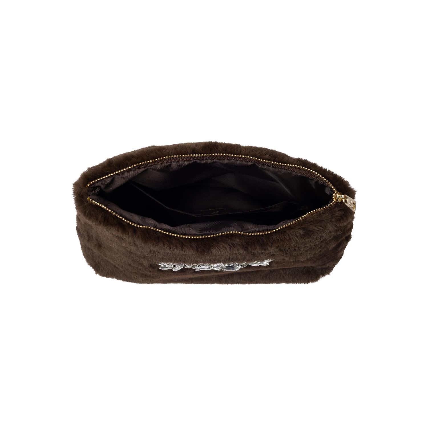 Faux Fur Standing Pouch w/ Crystals Chocolate Brown