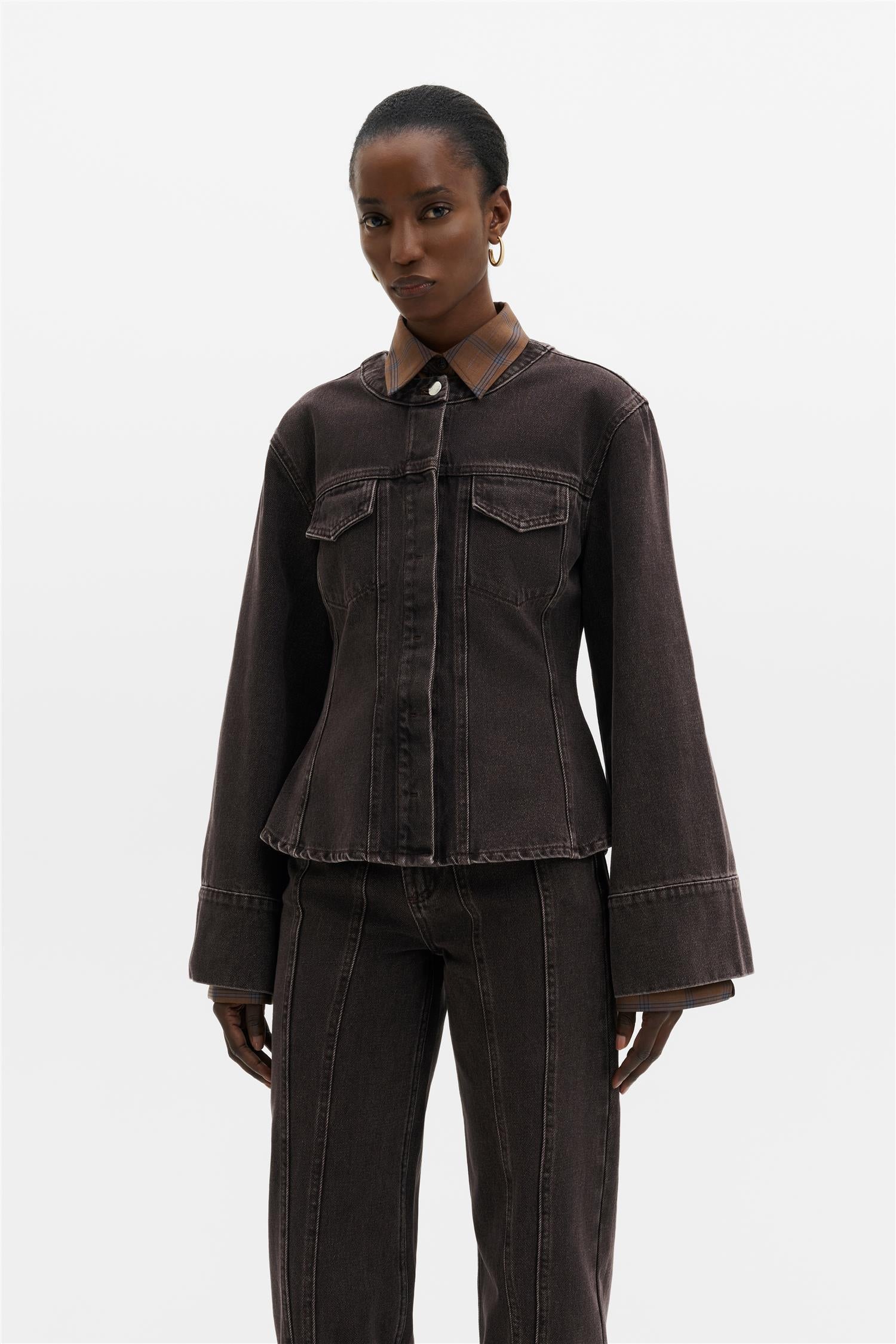 Mej Fitted Wide Sleeve Denim Shirt Brown Wash