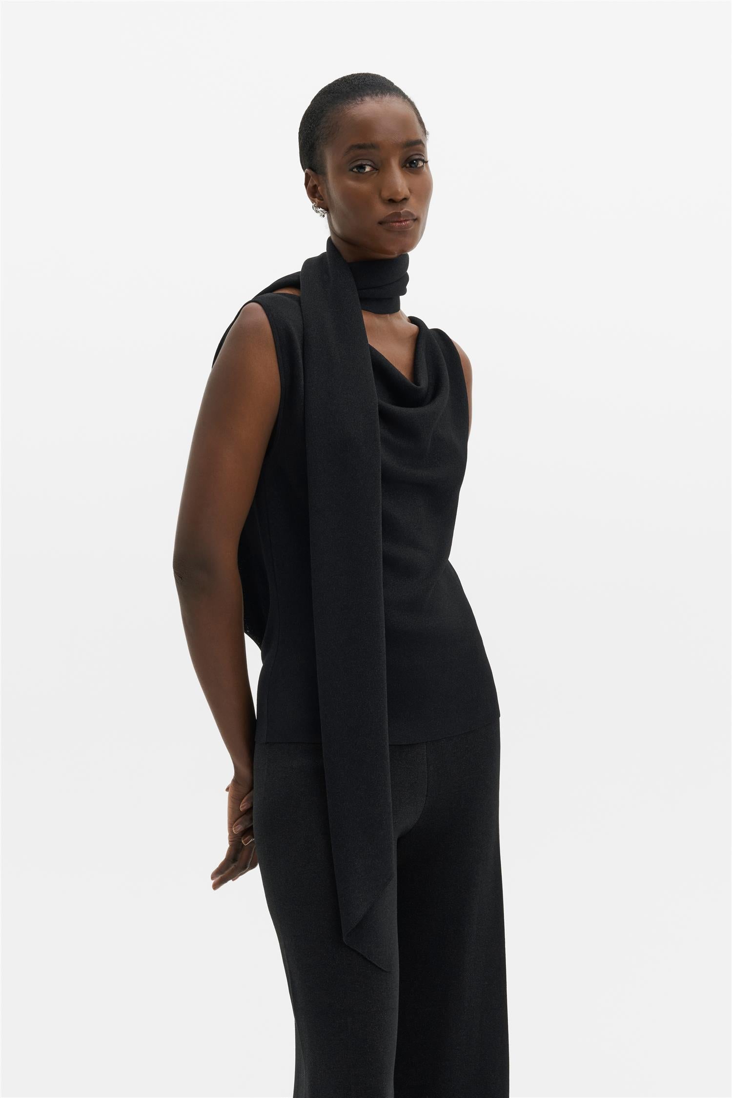 Donia Cowl Neck Scarf Detailed Top Black