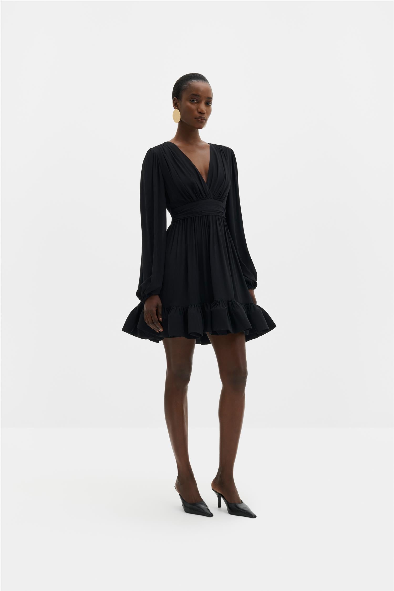 Jadie V-Neck Ruffled Mini Dress Black