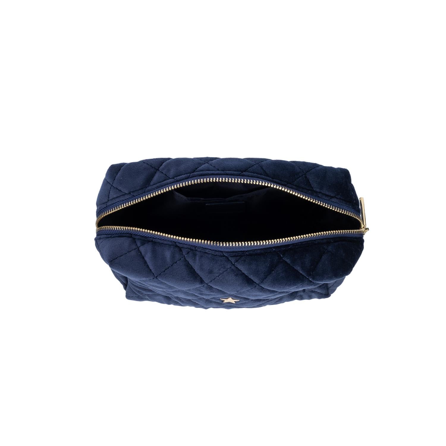 Velvet Square Quilted Make-Up Pouch Small Navy Blue