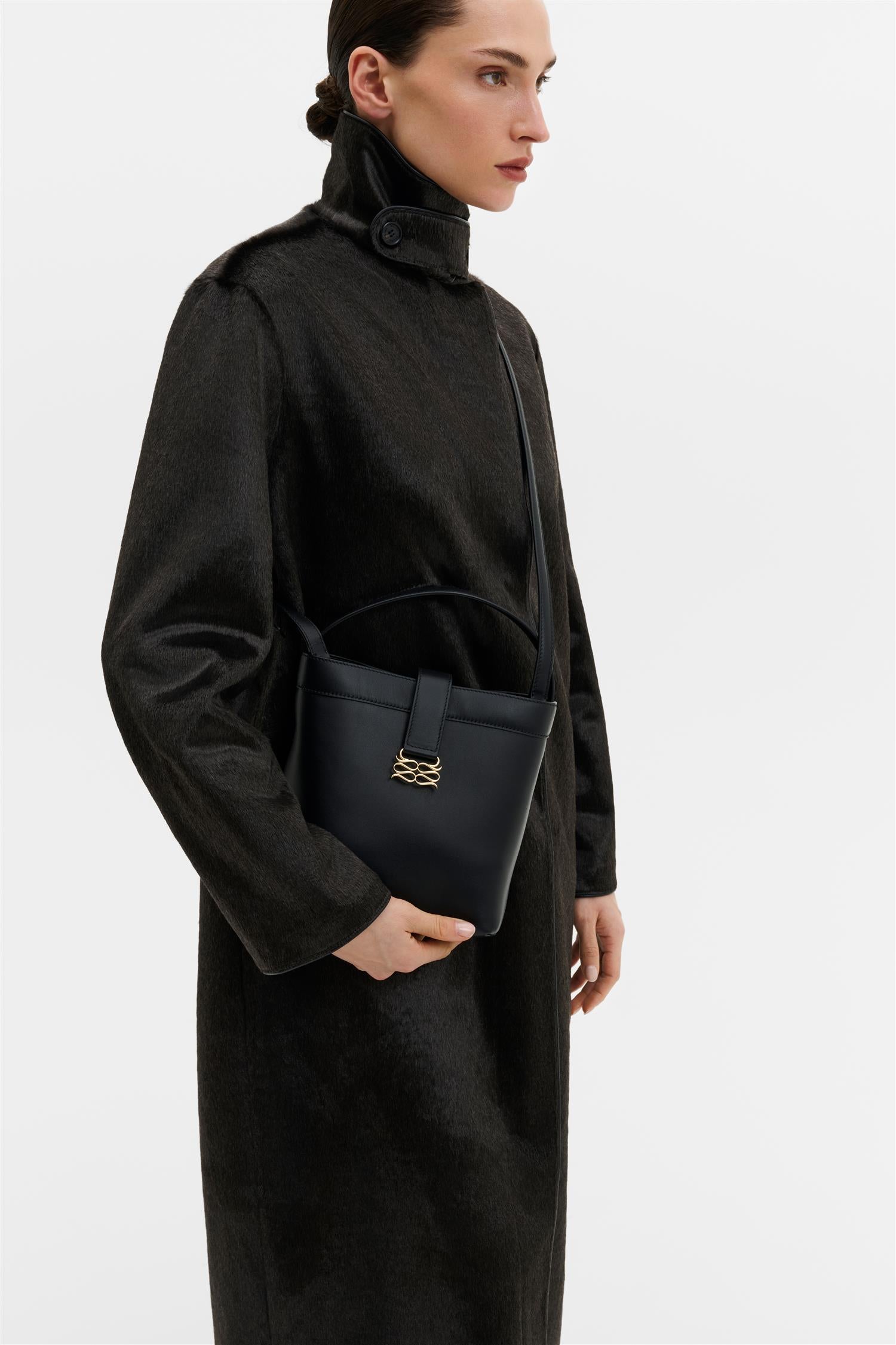 Monogram Leather Bucket Bag Black