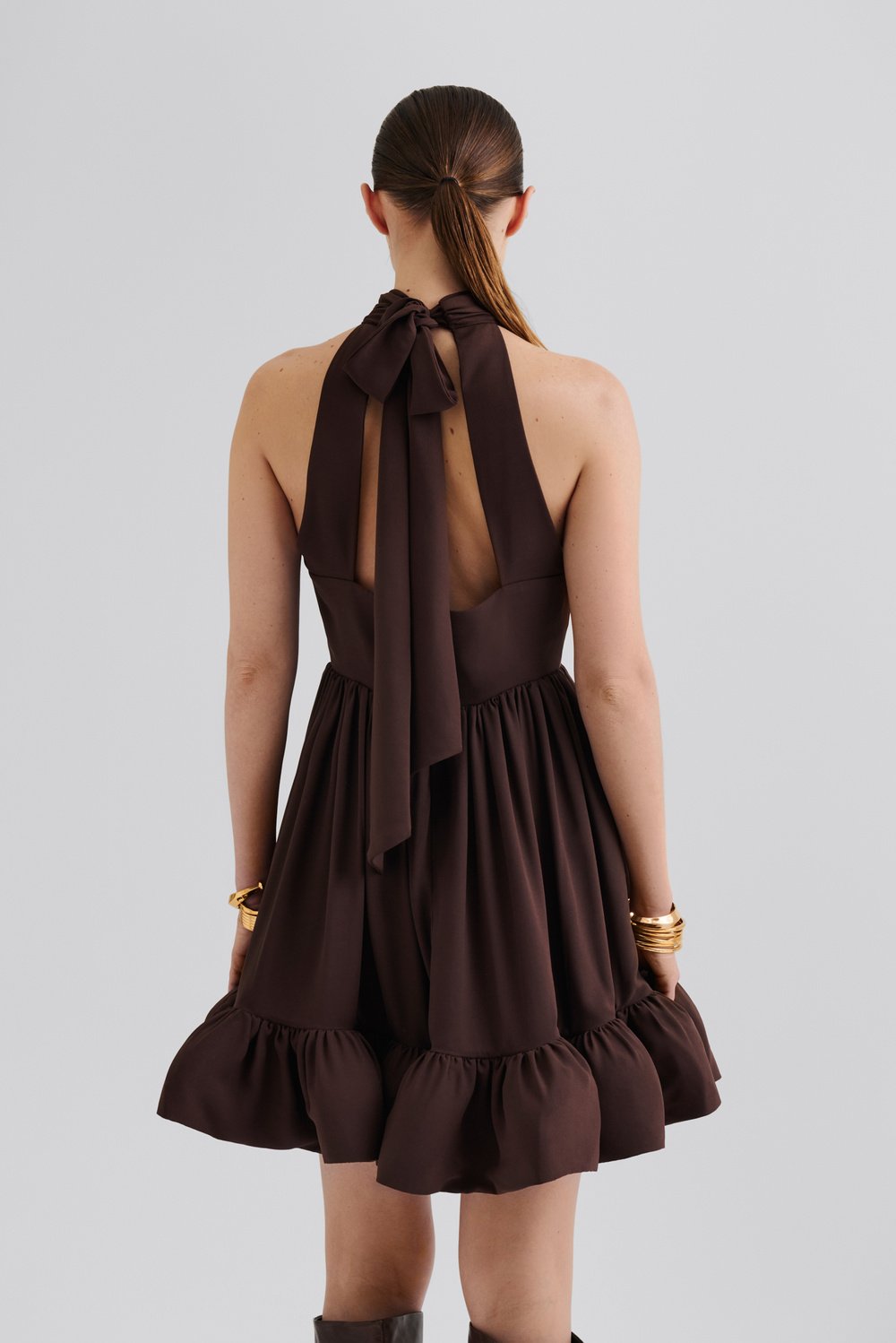 Fern Halterneck Ruffled Mini Dress Chocolate