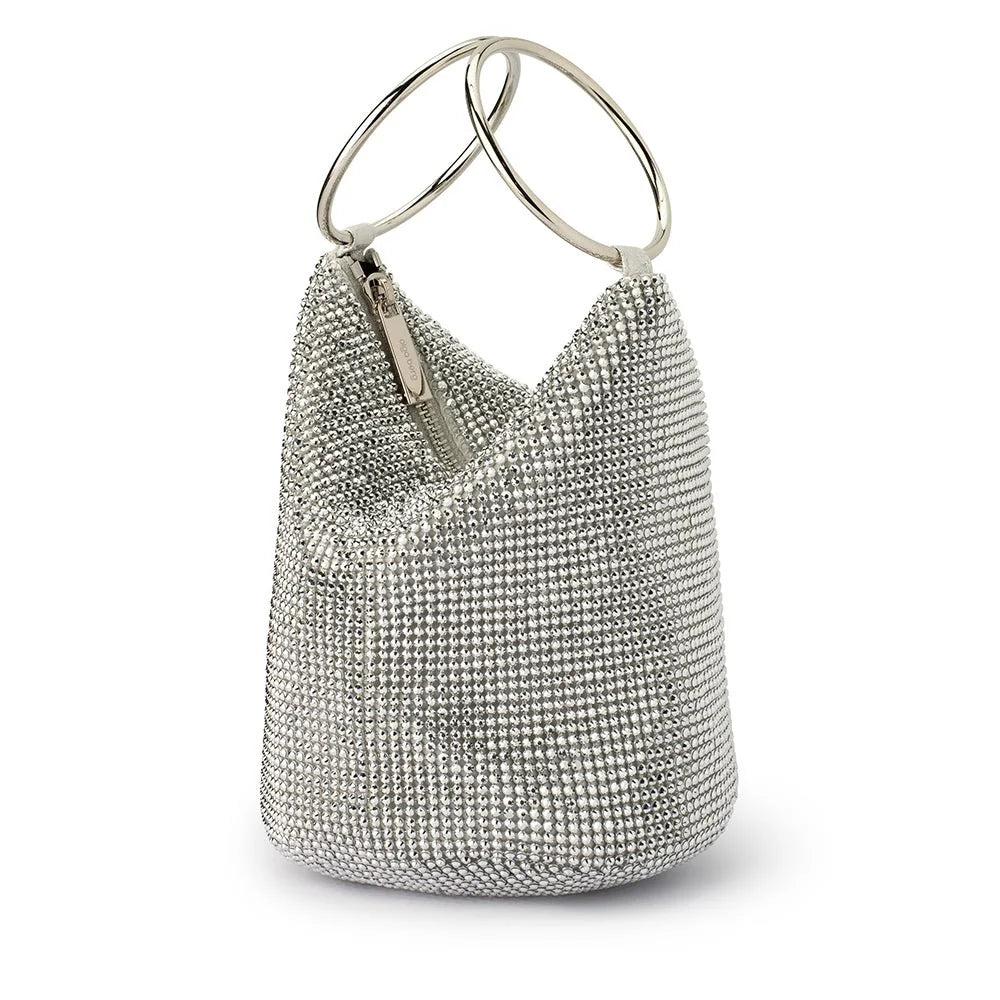 Ellie Crystal Mesh Ring Handle Bag Silver