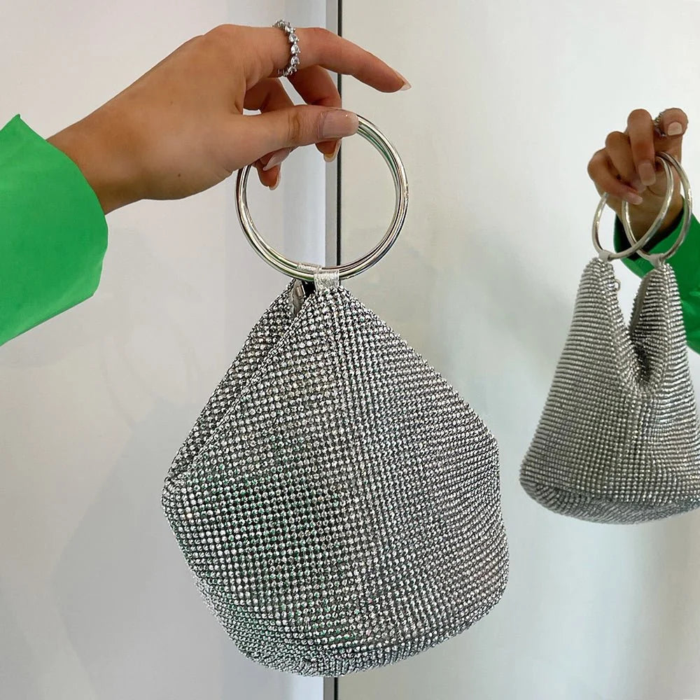 Ellie Crystal Mesh Ring Handle Bag Silver