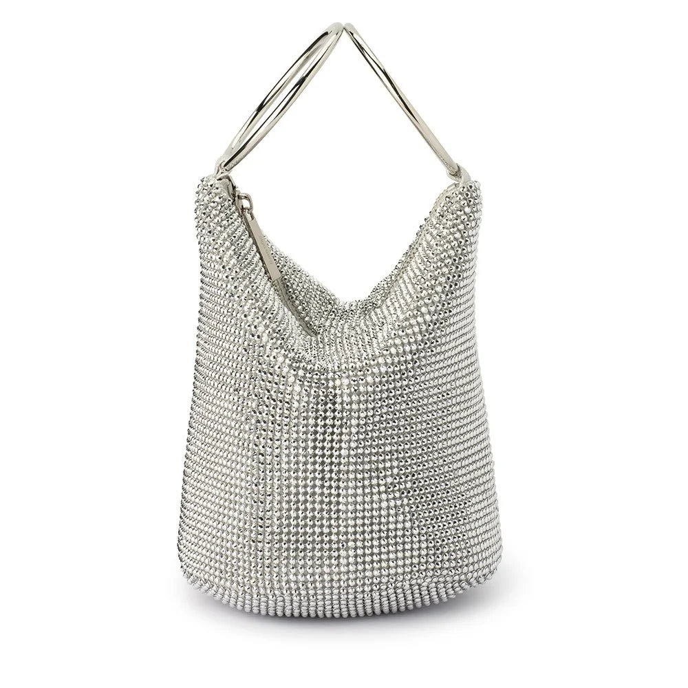 Ellie Crystal Mesh Ring Handle Bag Silver
