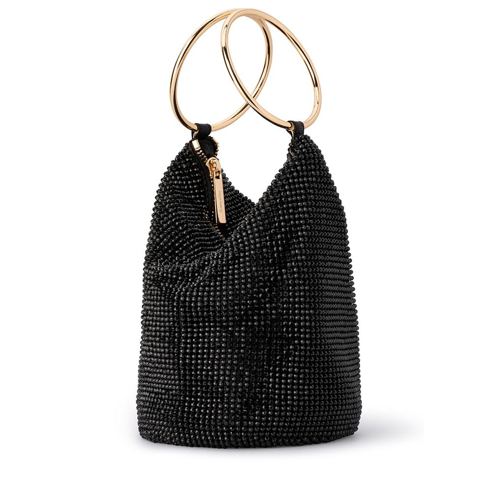 Ellie Crystal Mesh Ring Handle Bag Black