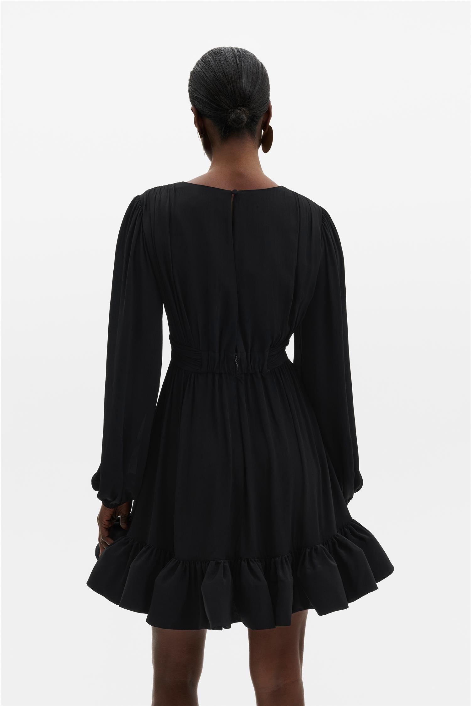 Jadie V-Neck Ruffled Mini Dress Black