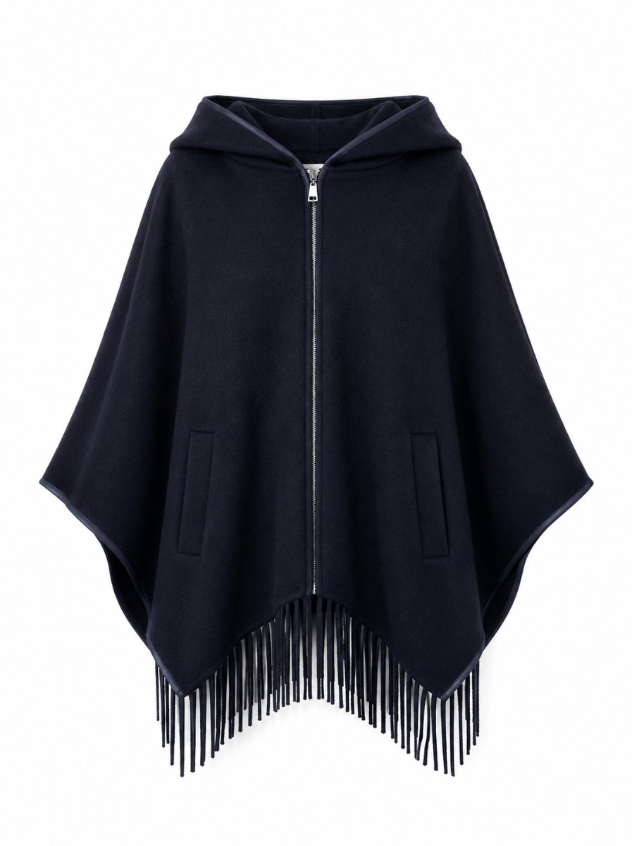 Wool Cape with Fringes Navy