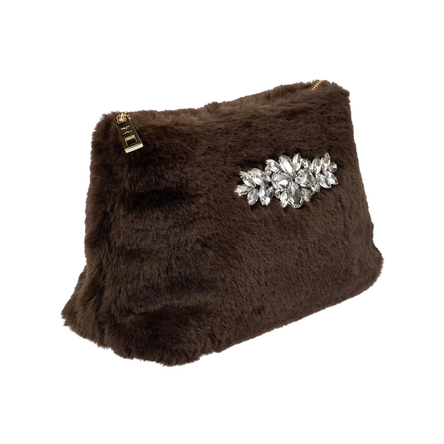 Faux Fur Standing Pouch w/ Crystals Chocolate Brown