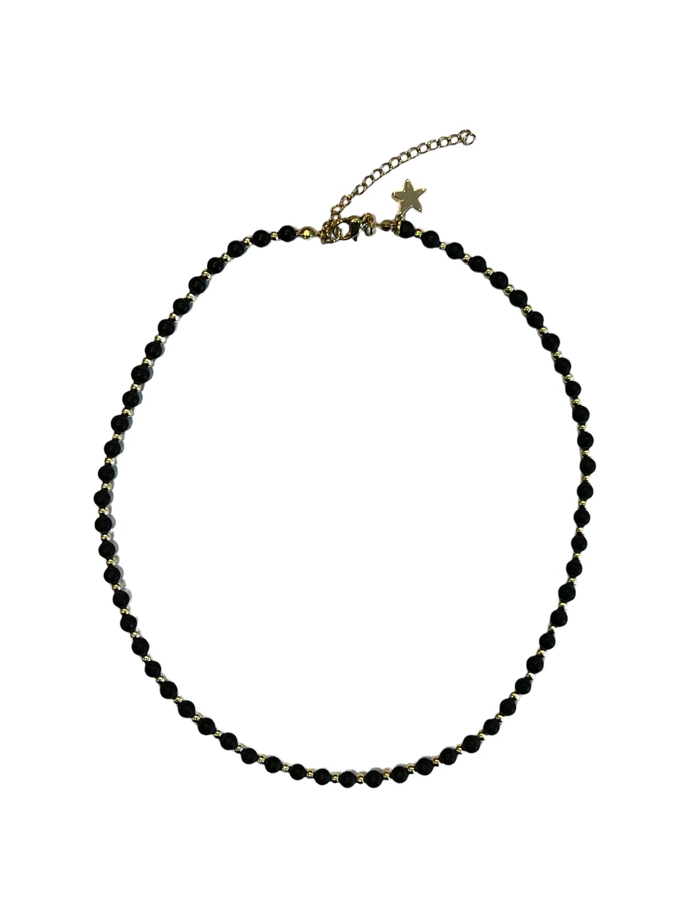 Stone Bead Necklace 4mm W/ Gold Beads Matte Black