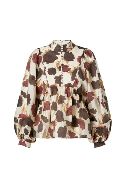 Pernilla High Neck Balloon Sleeve Blouse Wine Peony