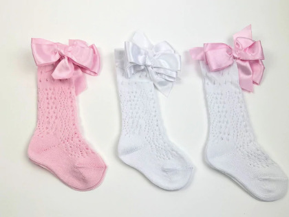 Knee Lenght Socks With Bow White-Pink
