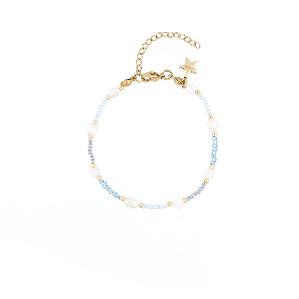 Glass Bead Bracelet w/ Mop Star & Pearls Light Blue
