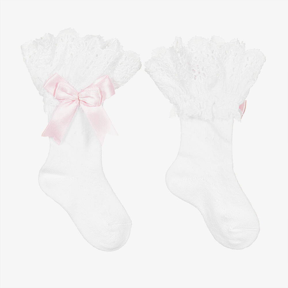 Socks With Embroidery White-Pink
